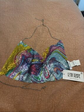 12th Tribe Multicolor Sequin Chain Halter Crop Top
